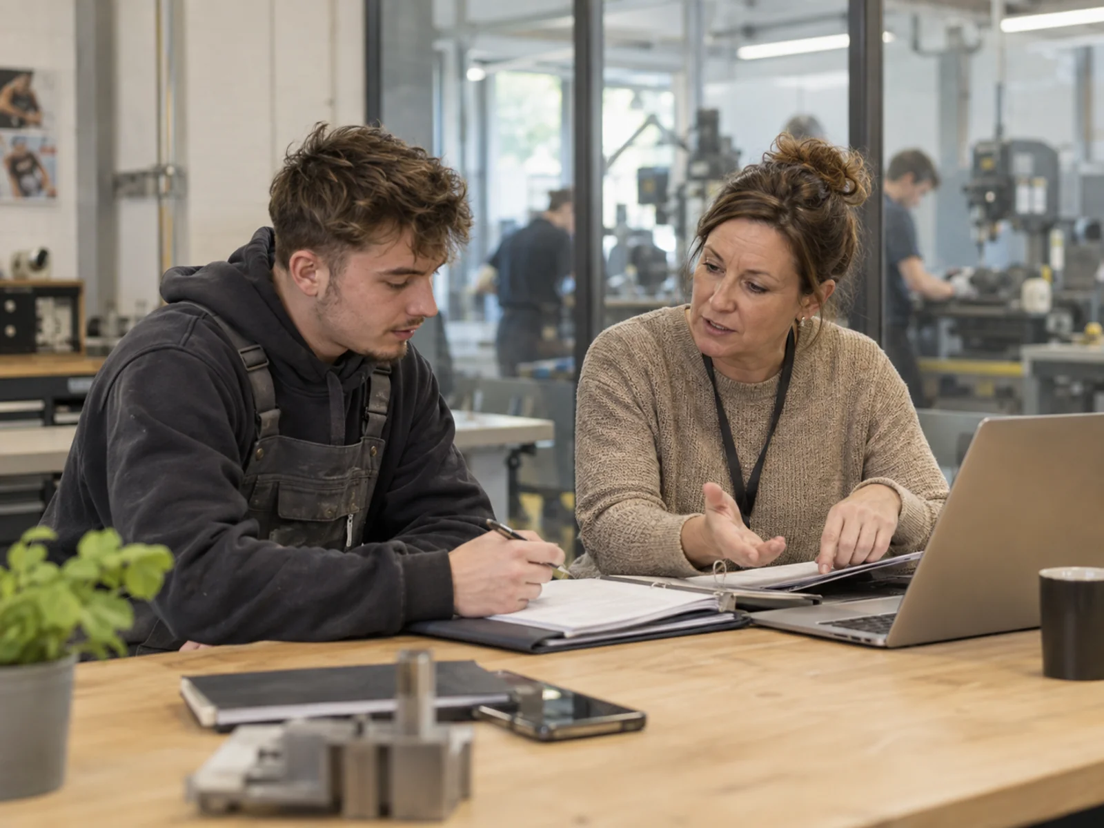 Illustrative scene of an adult apprentice and training adviser reviewing a learning portfolio beside a college workshop.